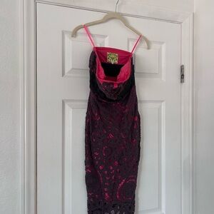 Floreat Black Lace Midi Dress with Hot Pink Lining